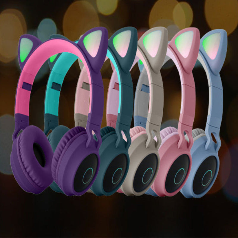 Set of colorful cat-ear headphones on a dark background #ledlight #catearheadphones #wireless #bluetooth5.0 #headset #portable #foldable #kidsheadphone #withmicrophone #bestgift #with mic #micrphone #rechargeablebattery #sd card