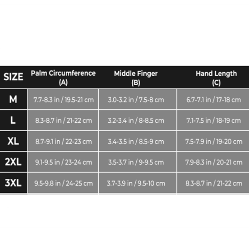 Size chart for gloves with measurements in palm circumference, middle finger, and hand length.