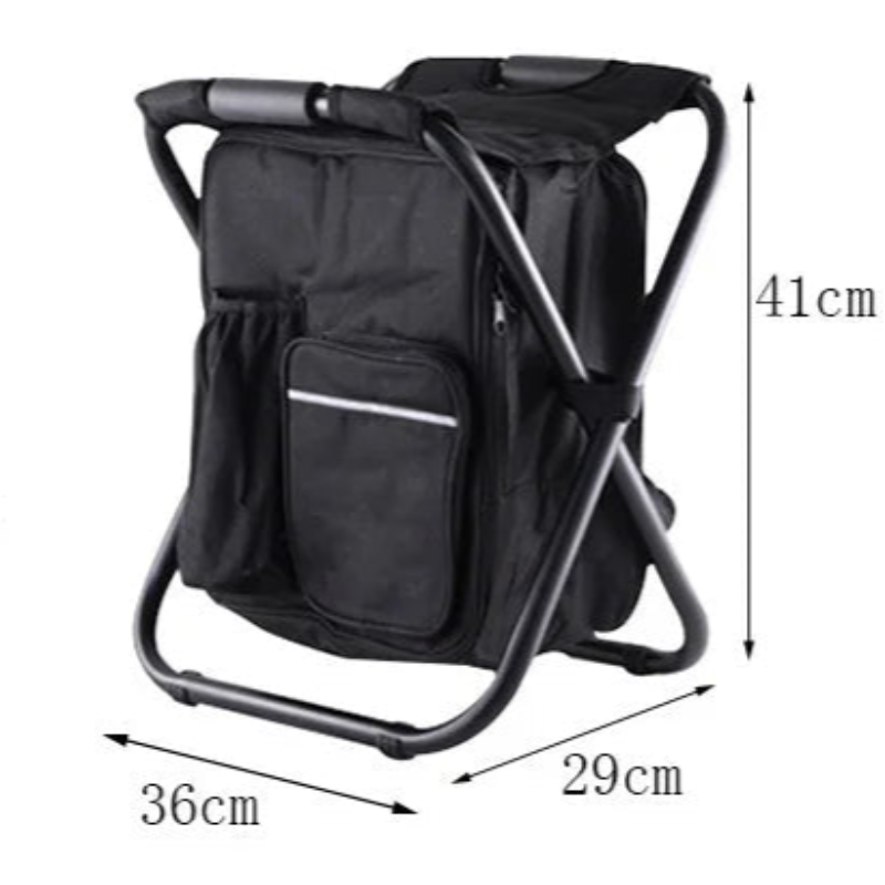 Two folding chairs, one blue and one black, with measurements indicated.