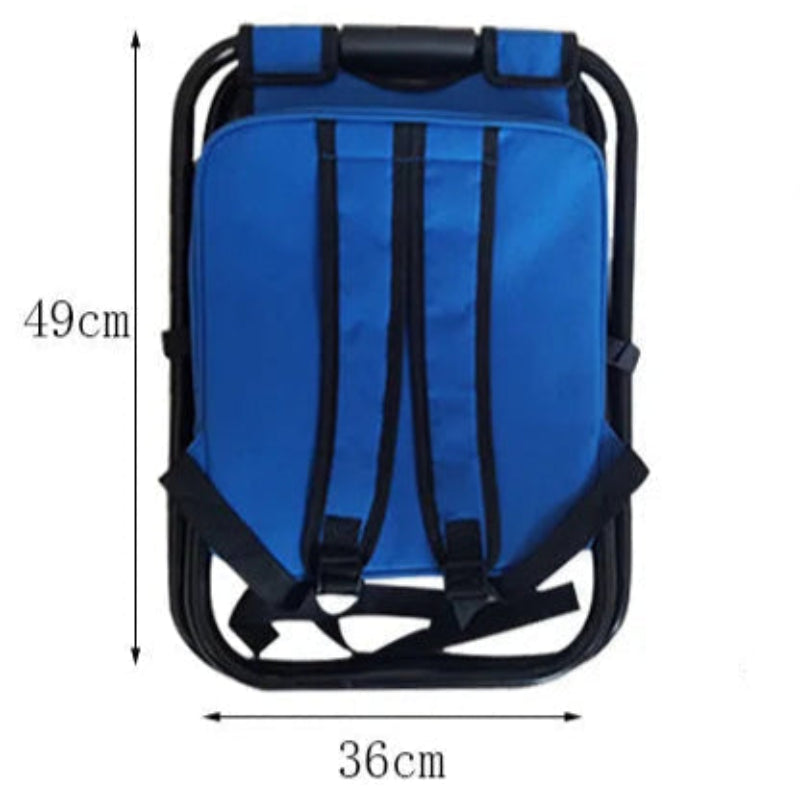 Two folding chairs, one blue and one black, with measurements indicated.