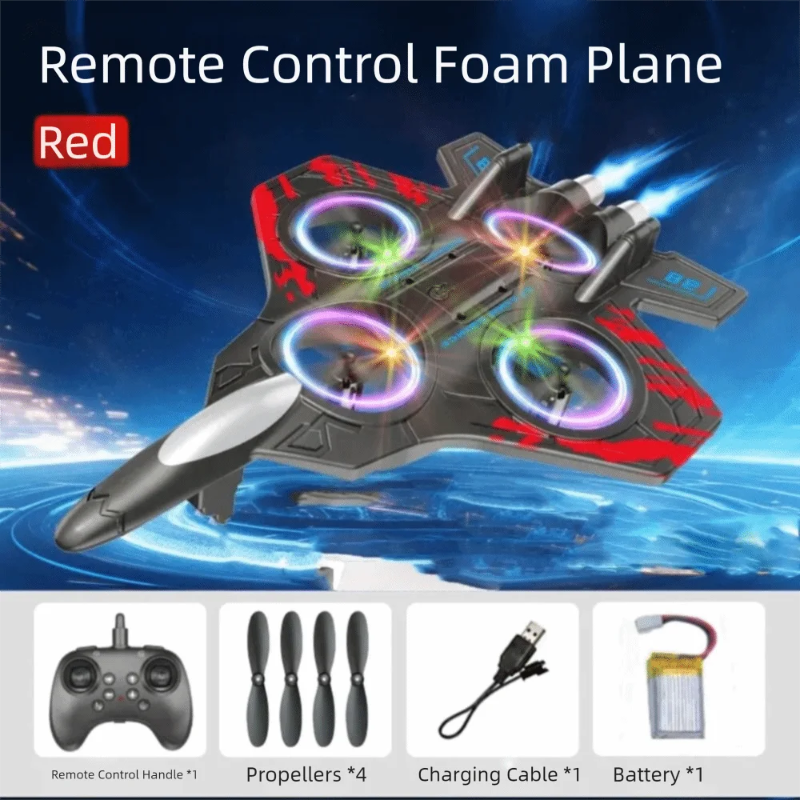 Remote control foam plane with colorful lights on a blue sky background, including accessories below.