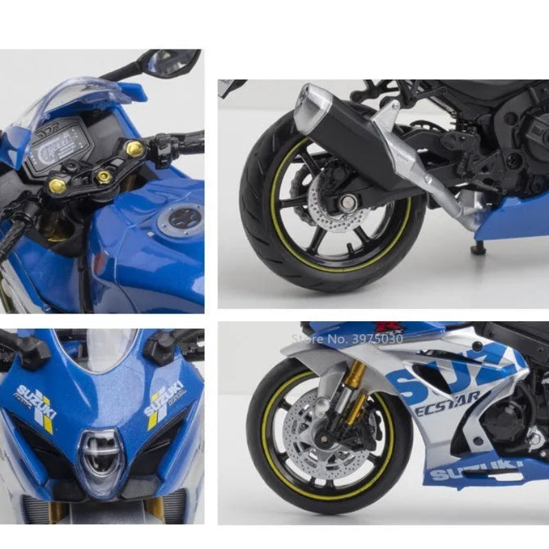 Collage of a blue and white Suzuki motorcycle with close-up details on a white background