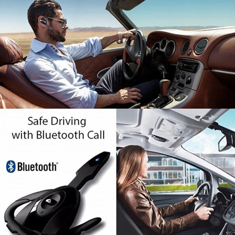 Man driving a car with Bluetooth headset, close-up of headset, and woman using Bluetooth in car.