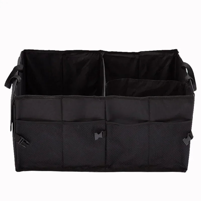 Black car trunk organizer with multiple compartments on a white background