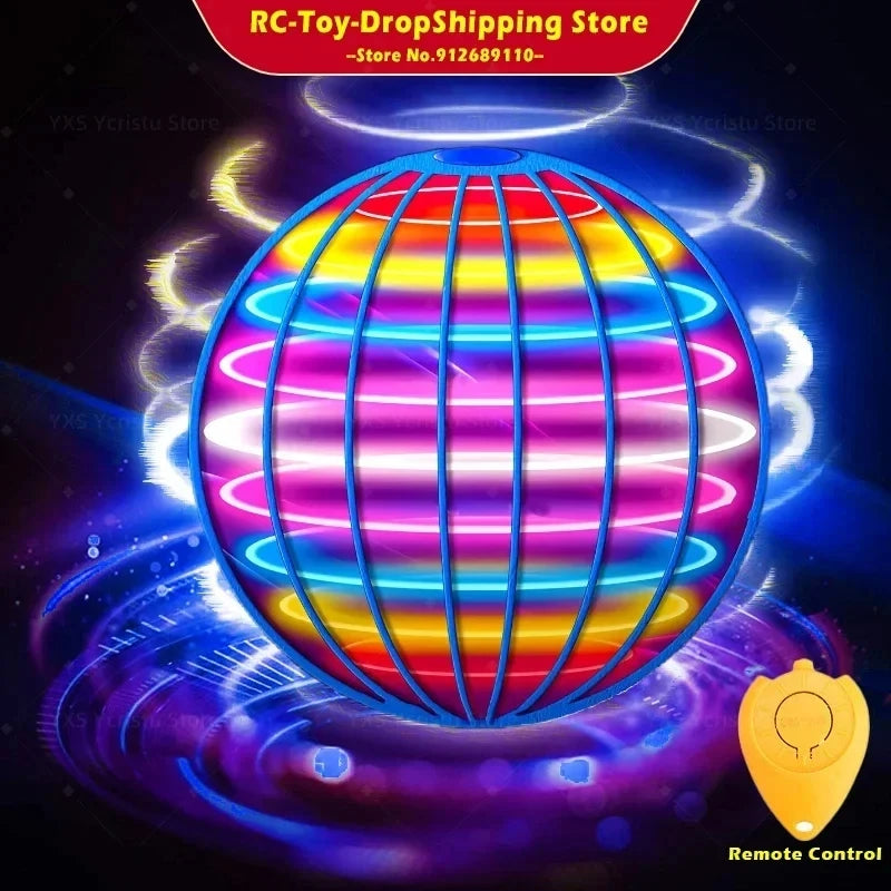 Colorful glowing sphere with remote control feature on a dark background