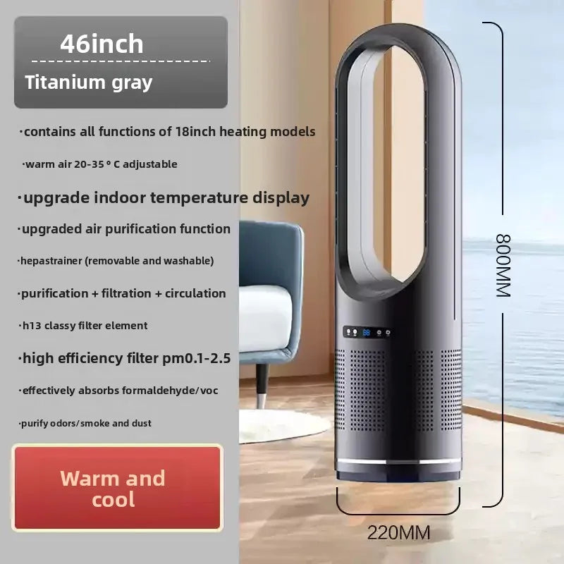 Titanium gray air purifier with features listed on the left side, in a room setting.