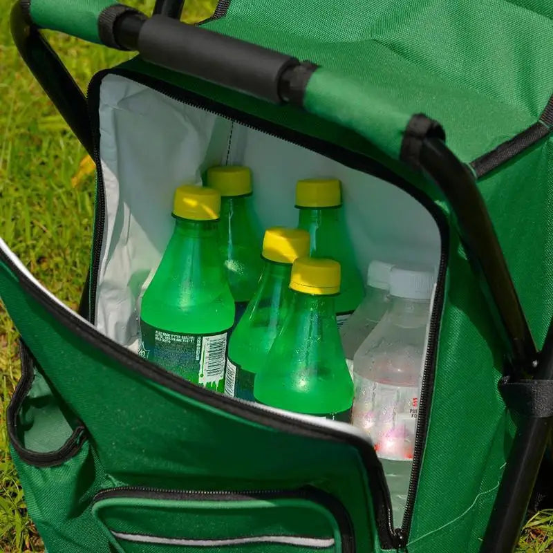Green cooler bag with bottles inside on grass