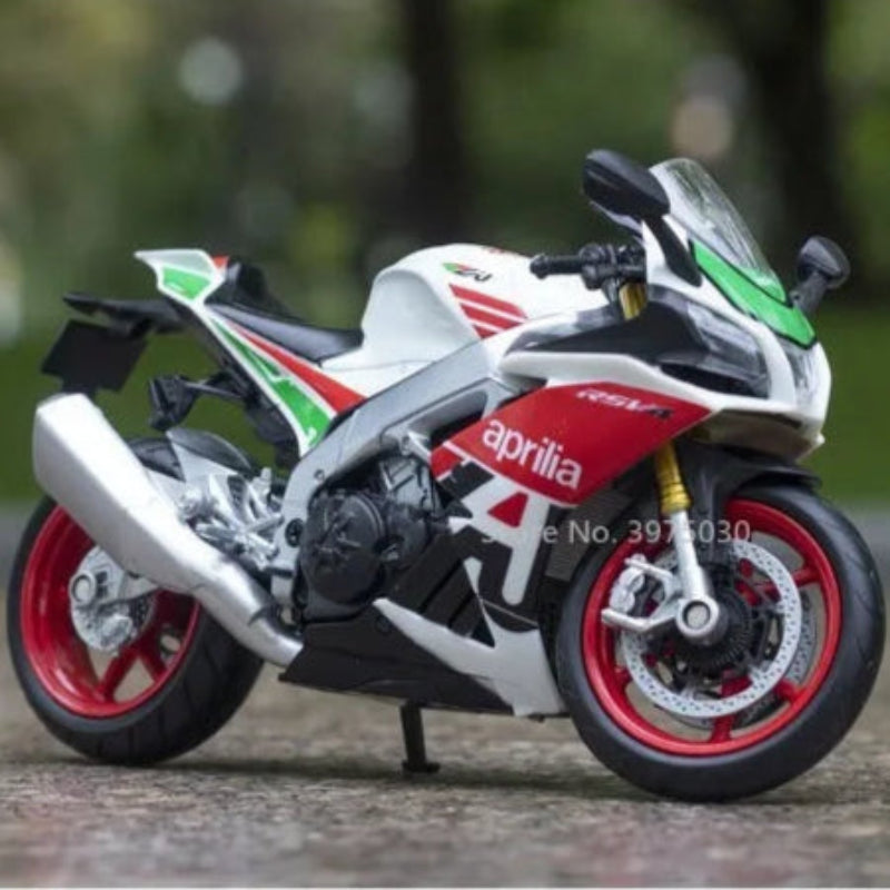 Model motorcycle with Aprilia branding on a blurred natural background