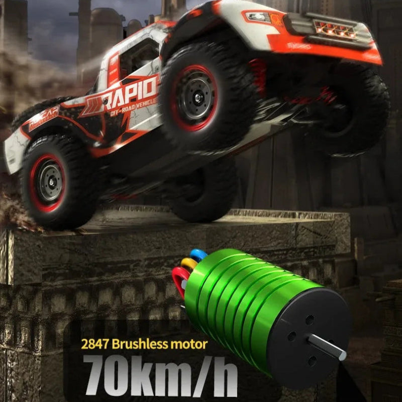 Monster truck with brushless motor and power output details on a dark background