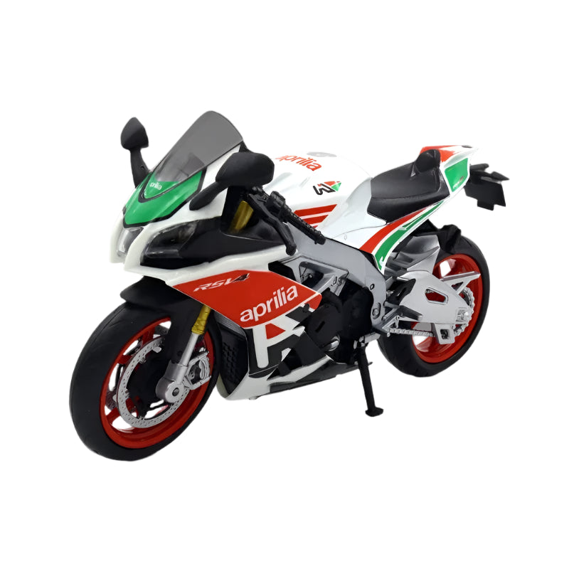 Model motorcycle with Aprilia branding on a white background