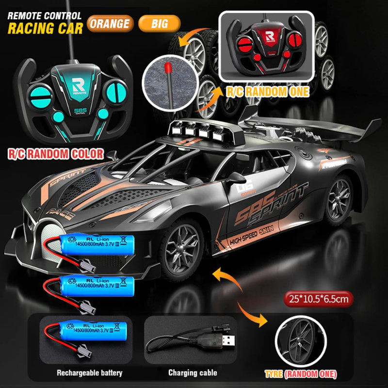 Remote control racing car with accessories on a dark background