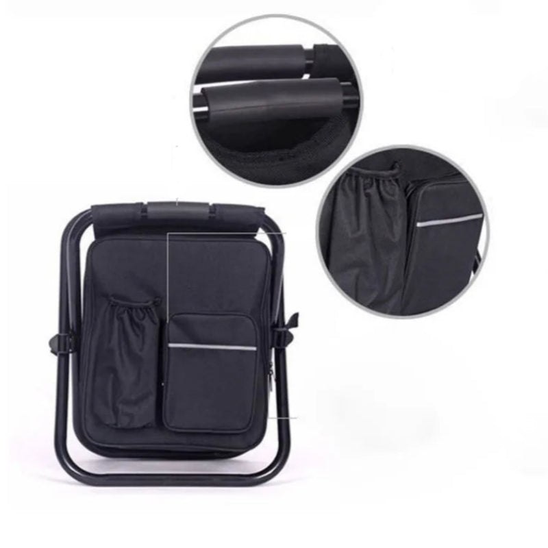 Black folding chair with details on handle and pocket on a white background