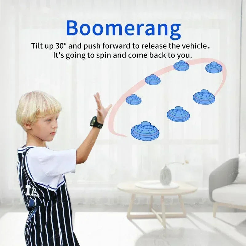 Child playing with a toy vehicle in a living room, with instructions for using a boomerang.