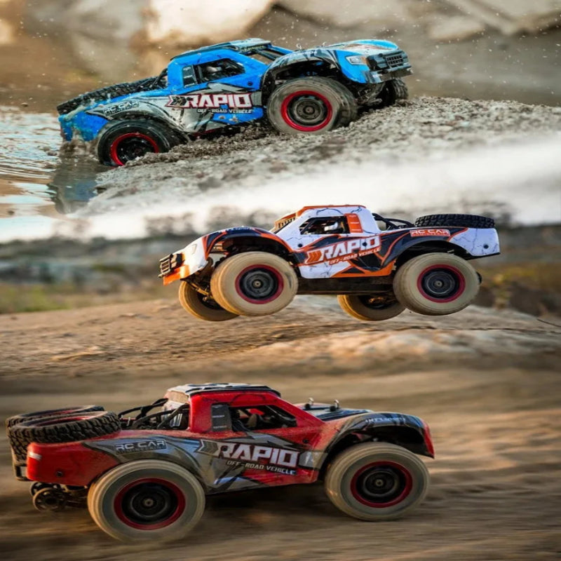 A composite image showing three remote control trucks in motion. One truck is blue with the word 'RAPID' on its side, another is red with 'RAPID' and LED lights, and a third is in the air showing the truck's suspension system.