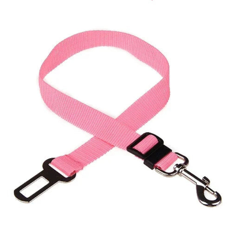 Pink dog leash with black clip and silver metal clip on a white background