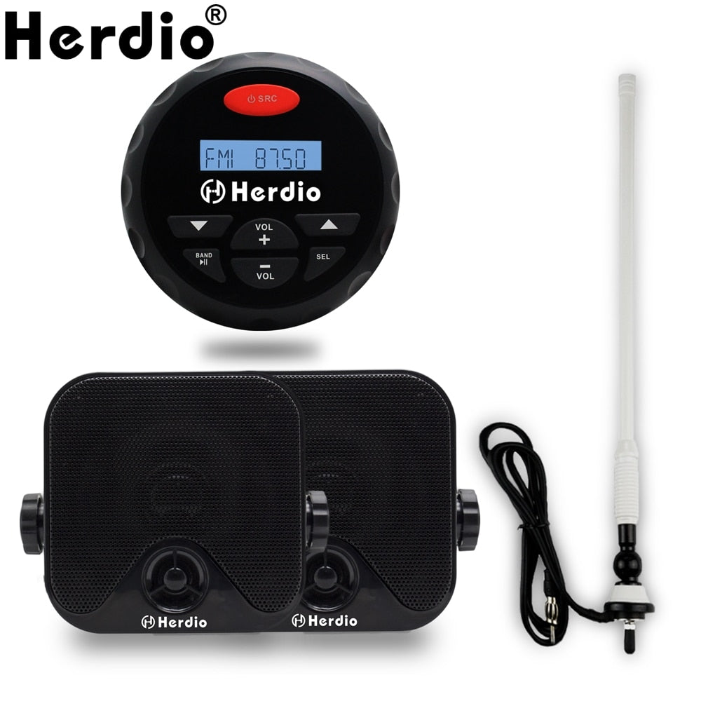 Marine Bluetooth Stereo Waterproof FM AM Radio Car MP3 Player + 4 Inch Marine Waterproof Boat Speakers For ATV UTV + Antenna