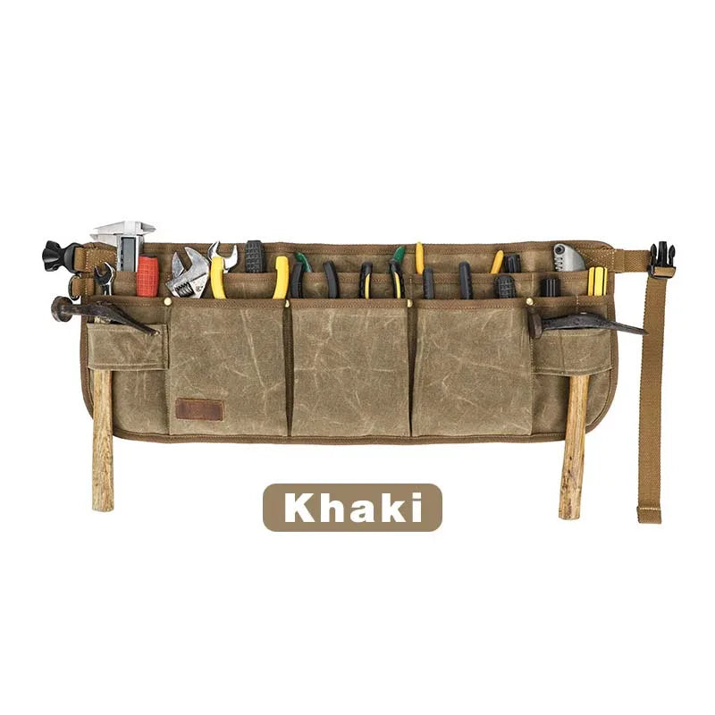 Khaki tool organizer with various tools on a white background