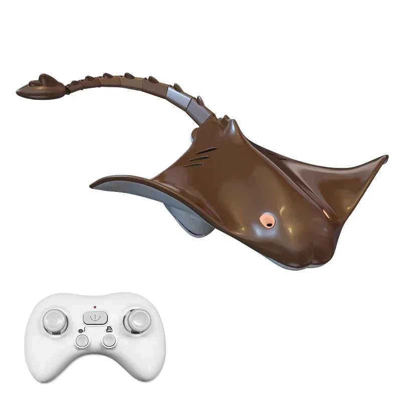 Brown stingray-shaped toy with a white gaming controller on a white background