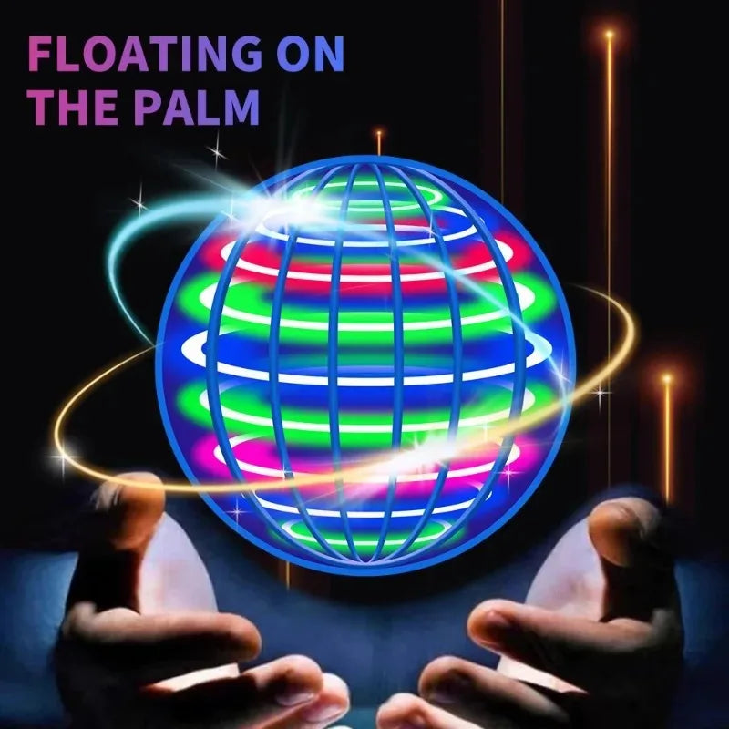 Colorful glowing orb floating between two hands with text 'Floating on the Palm' above.