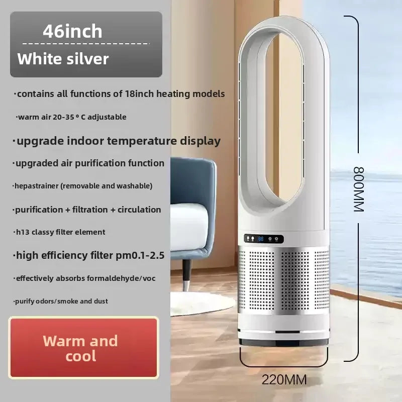 White silver air purifier with specifications and features listed on a gray background
