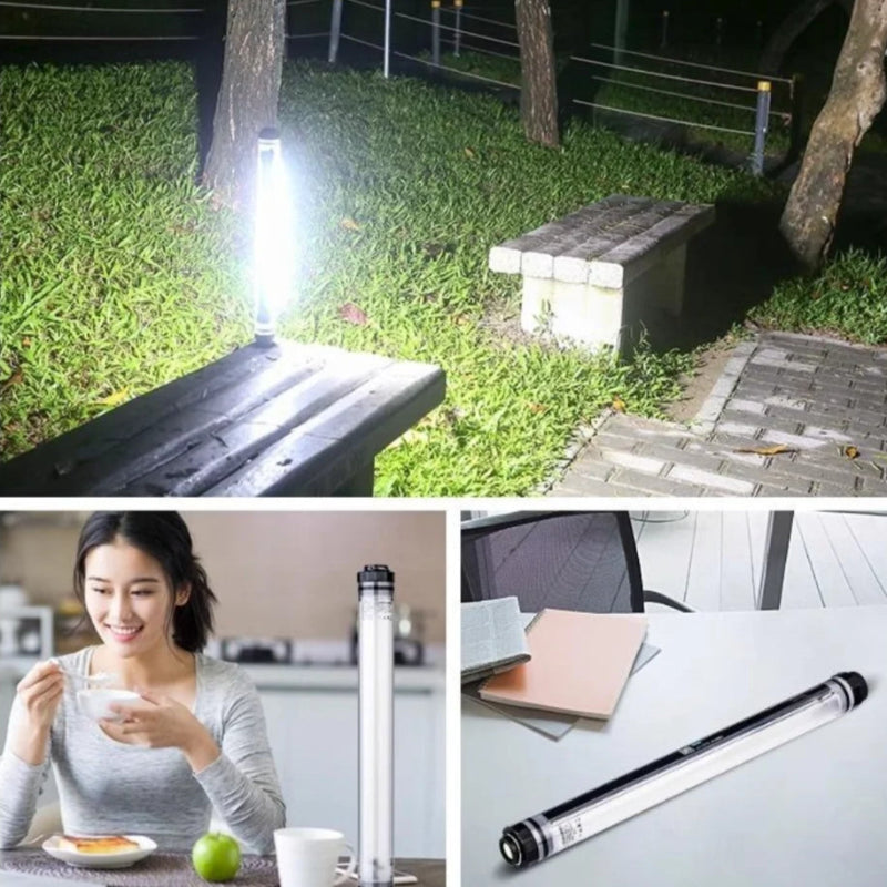 Collage of a portable light being used outdoors and indoors.