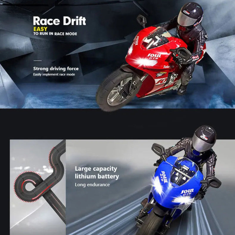 Two motorcycles with text highlighting race drift mode and lithium battery capacity.