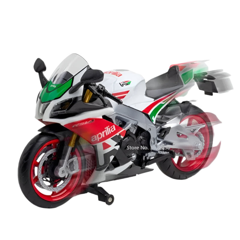 Model motorcycle with Aprilia branding on a white background