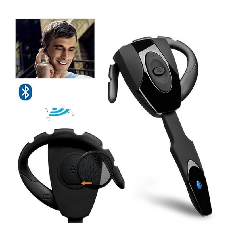 Black Bluetooth headset with a close-up inset of a person using it, on a white background.