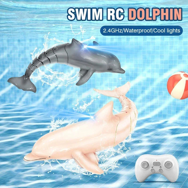 Two RC dolphins swimming in water with a remote control on a blue background