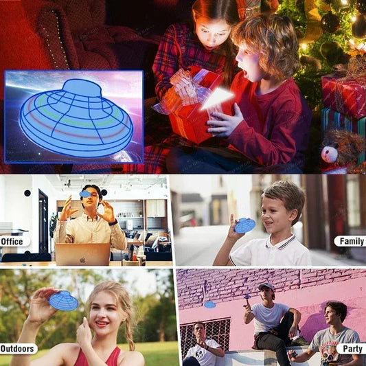 A collage of images showing a flying spinner toy in various settings, including being played with by children, displayed at a party, and used outdoors. The toy is primarily black with blue and red lights.
