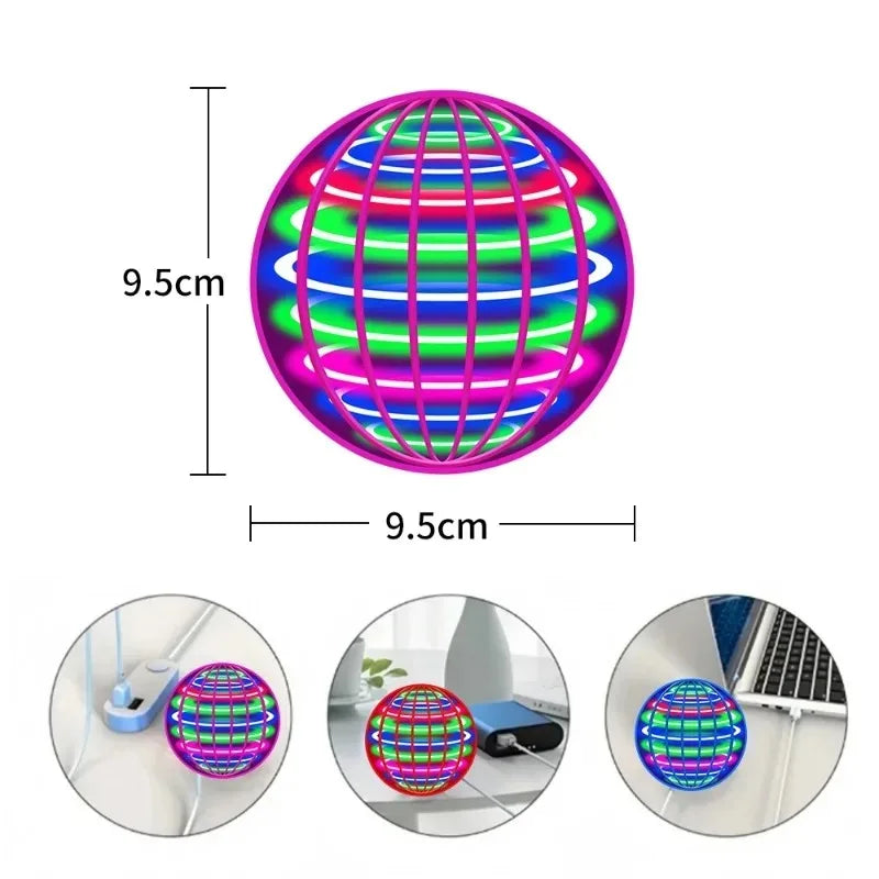 Colorful glowing ball with dimensions and usage examples on a white background