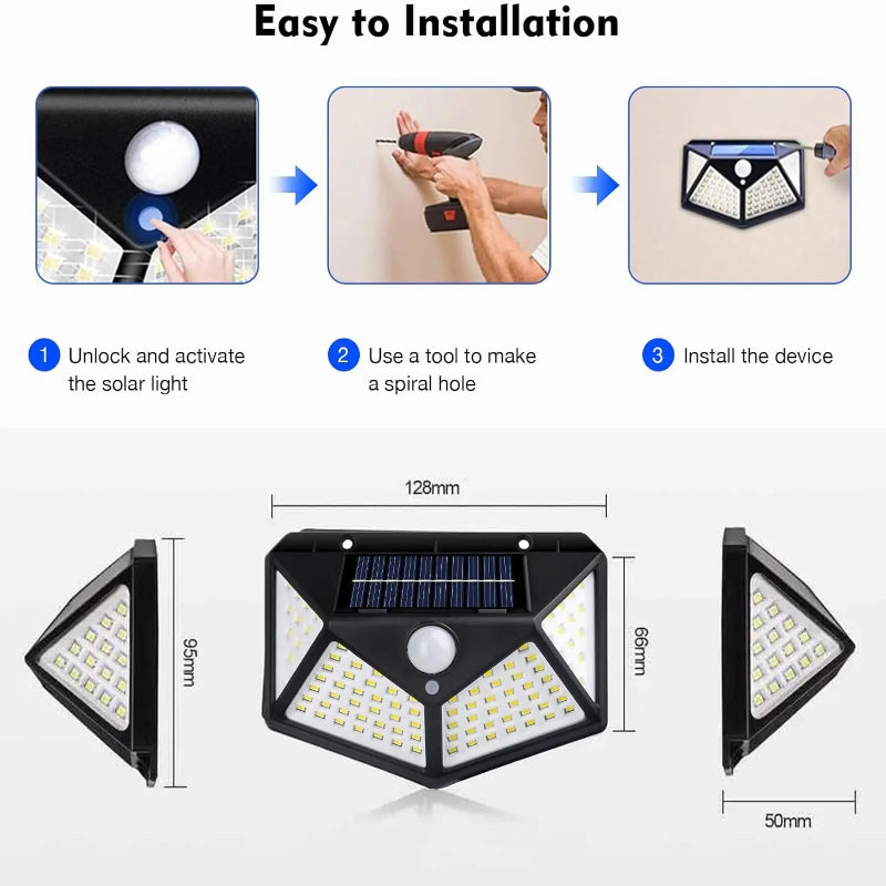 Instructions for installing a solar light with dimensions displayed.