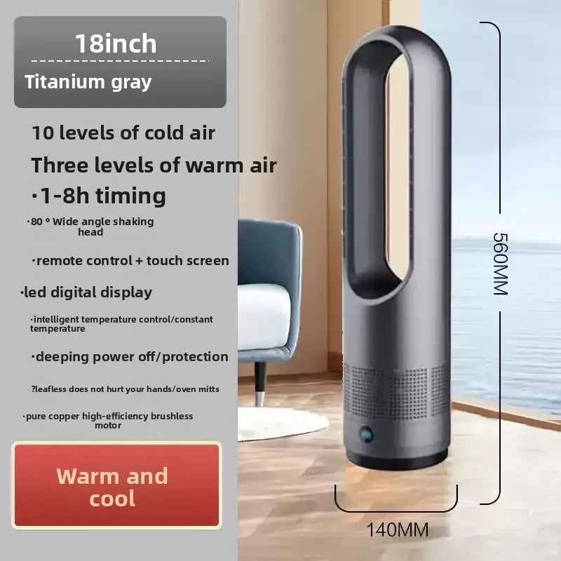 18-inch titanium gray air purifier with features listed on the left side, in a room setting.