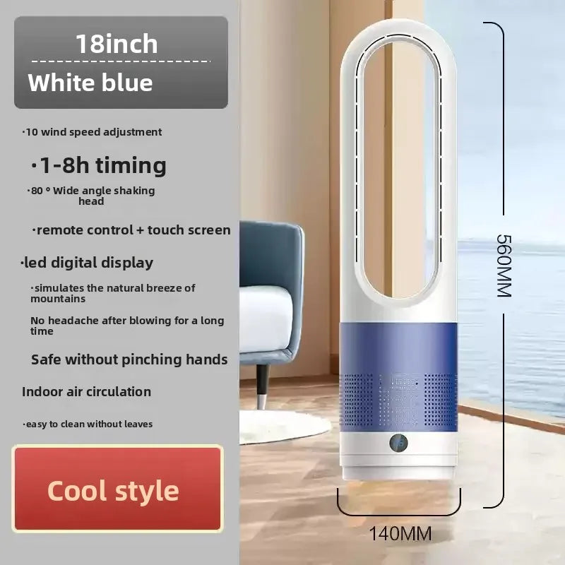 18-inch white and blue fan with features listed on a gray background
