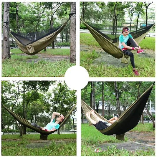 Camping Hammock with Mosquito Net Portable Parachute 6 Ring Strap Double Travel Hammock,outdoor Backpacking Hammock Swing Chair