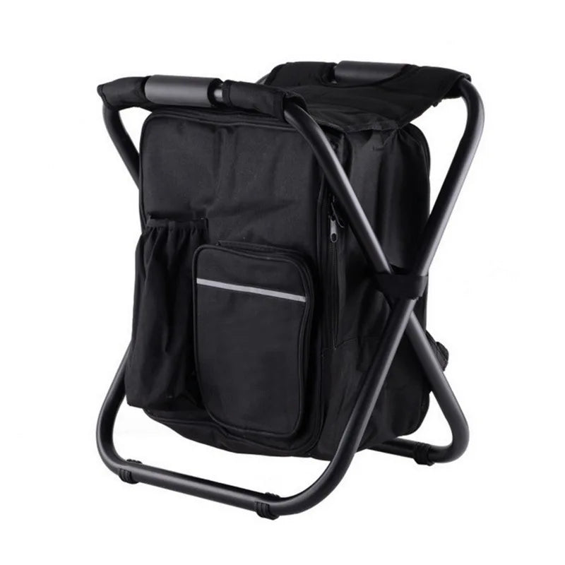 Black folding chair with backpack on a white background