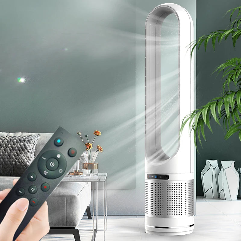 Tall white air purifier with remote control in a living room setting