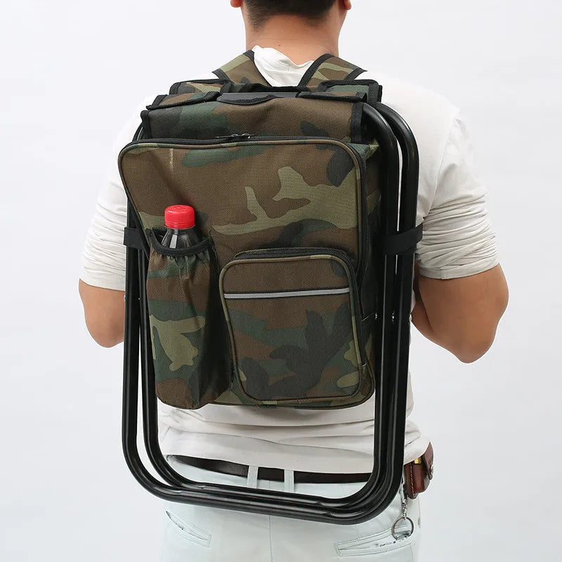 Camouflage backpack with a built-in chair on a white background