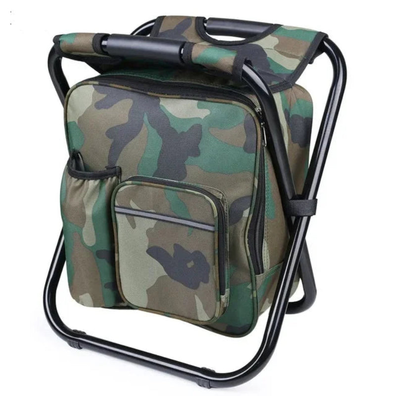 Camouflage folding chair with black frame on a white background