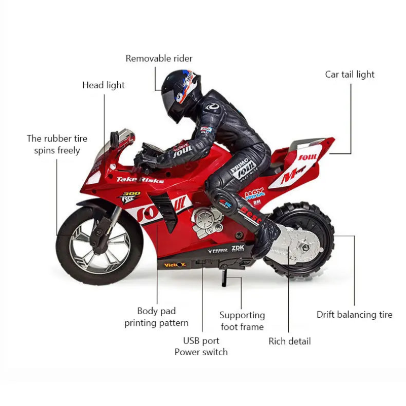 Red toy motorcycle with labeled parts on a white background