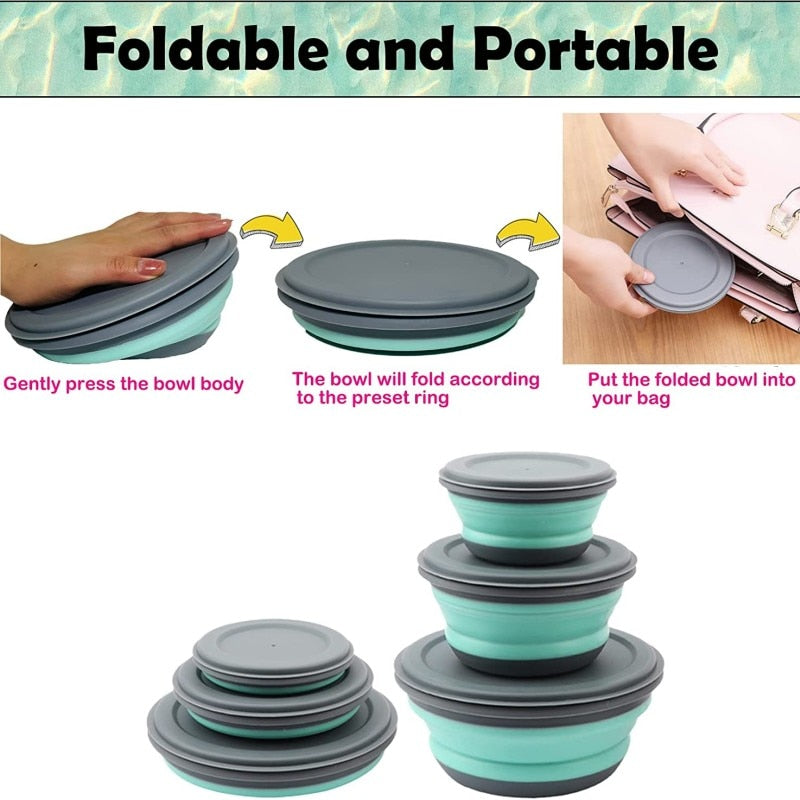 3 PCS/Set Silicone Collapsible Bowl Camping Bowl Protable Foldable Lunch Box Lid Expandable Food Storage Container Bento Boxes