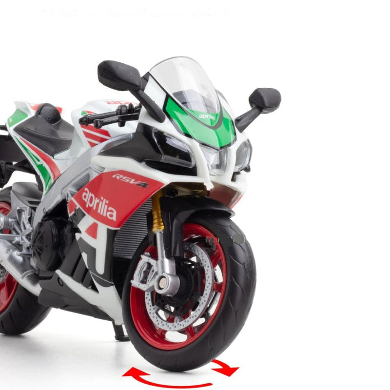 Model motorcycle with 'Aprilia' branding on a white background
