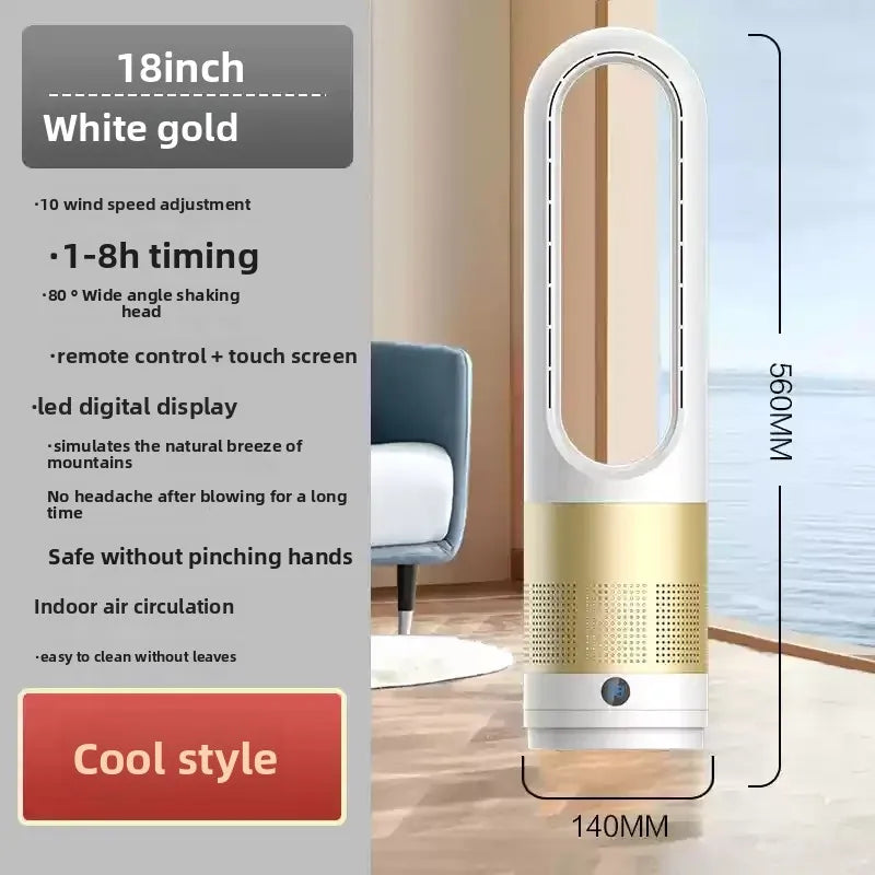 White and gold handheld fan with features listed on a gray background