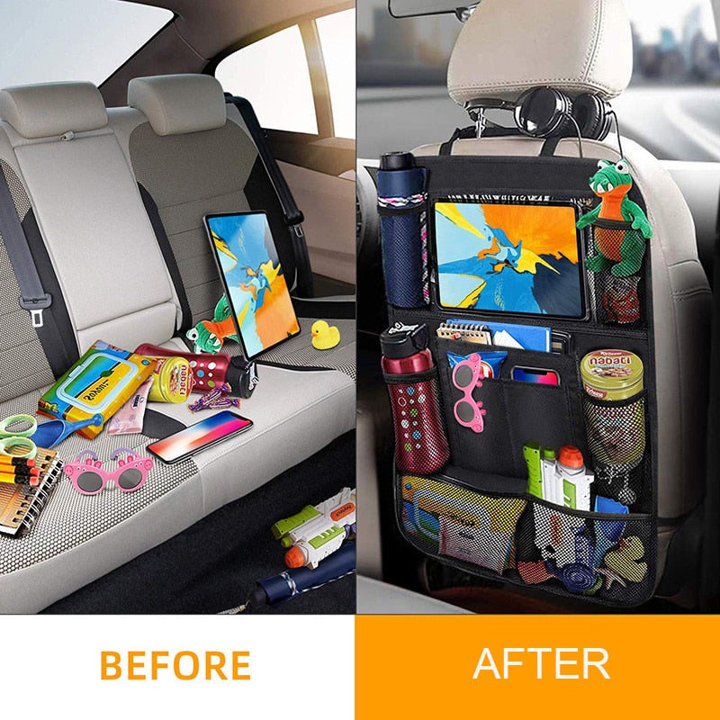 Car Seat Back Organizer Multi-Pocket Hanging Storage Bag Tablet Cup Holder Stowing Tidying Anti-Kick Mats For Kid