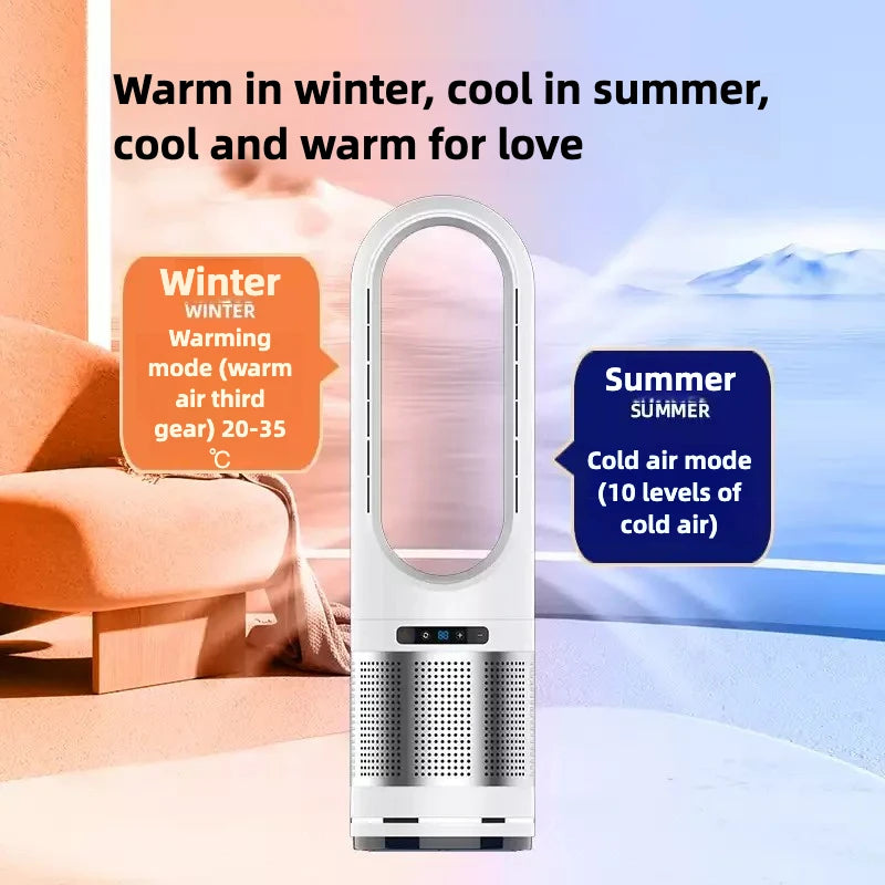 Portable air conditioner with text indicating winter and summer modes on a gradient background.