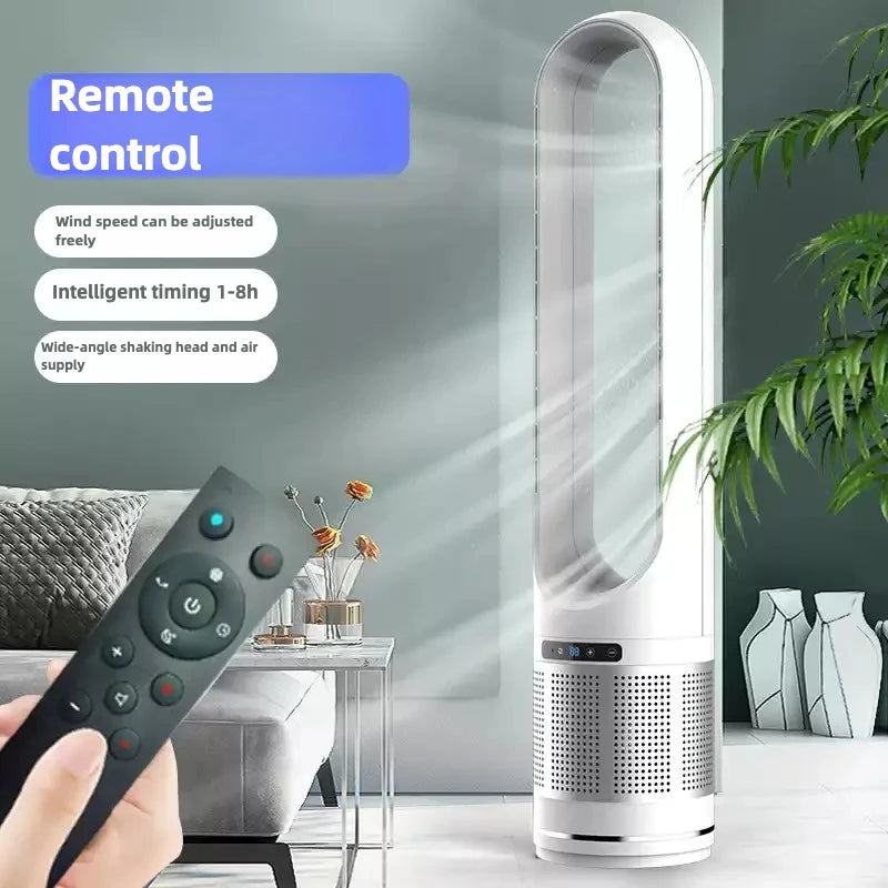 Tall white air purifier with remote control in a living room setting
