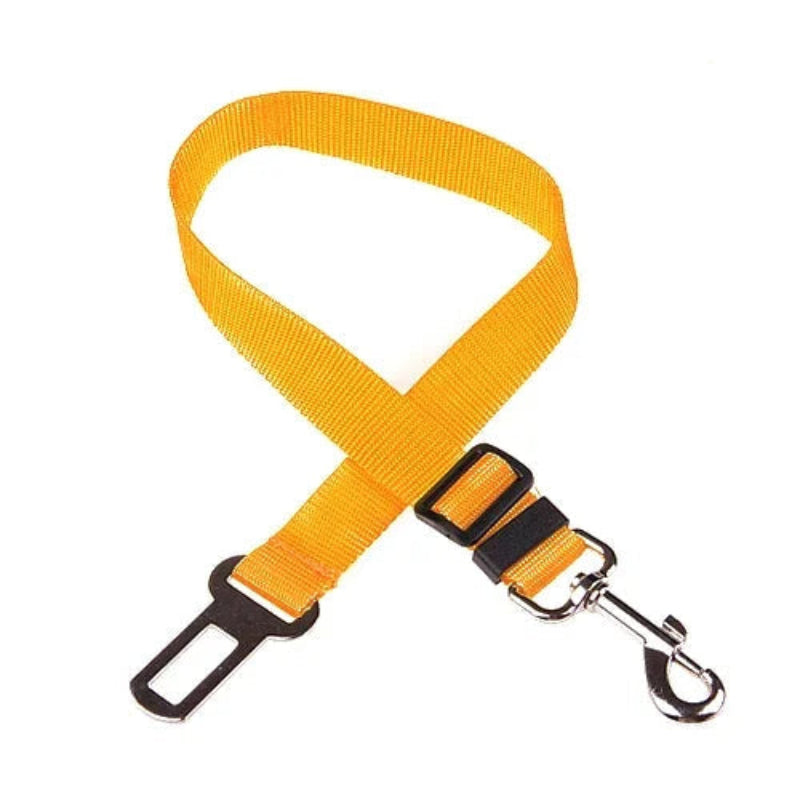 Yellow dog leash with black clip and carabiner on a white background