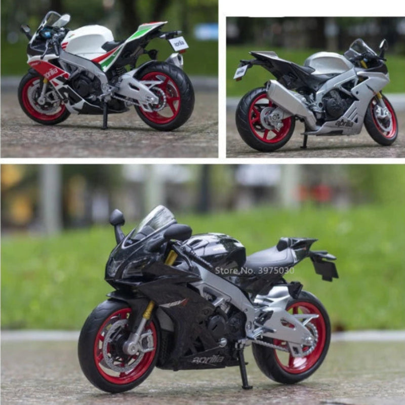 Three views of a model motorcycle on a blurred outdoor background