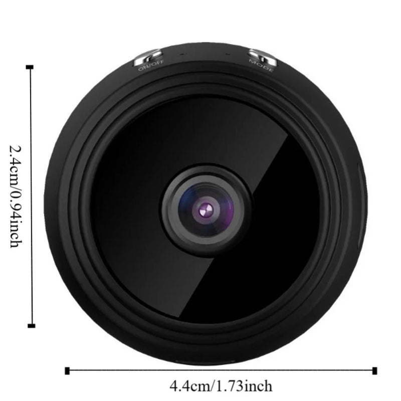 Black camera lens with measurements on a white background