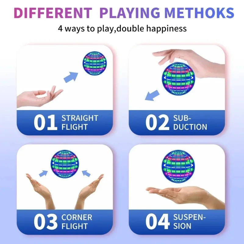 Diagram showing four different ways to play with a colorful ball on a light purple background.